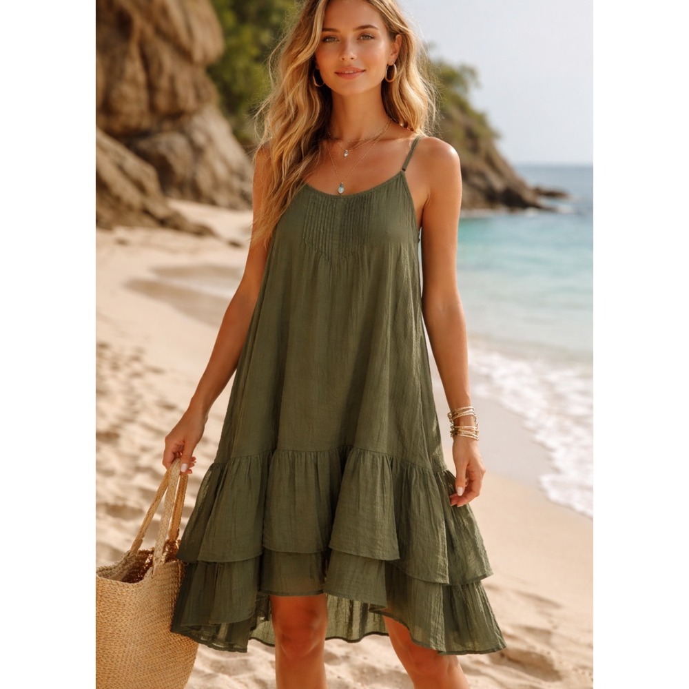 Free People Green Tiered Summer Dress Midi Womens Sz Small Bohemian Beachy Boho